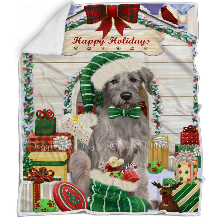 Happy Holidays Christmas Wolfhound Dog House with Presents Blanket BLNKT142126