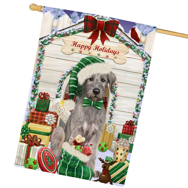 Christmas House with Presents Wolfhound Dog House Flag Outdoor Decorative Double Sided Pet Portrait Weather Resistant Premium Quality Animal Printed Home Decorative Flags 100% Polyester FLG69232