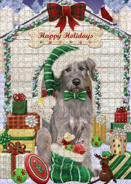 Christmas House with Presents Wolfhound Dog Portrait Jigsaw Puzzle for Adults Animal Interlocking Puzzle Game Unique Gift for Dog Lover's with Metal Tin Box PZL667