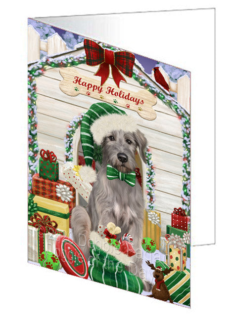 Christmas House with Presents Wolfhound Dog Handmade Artwork Assorted Pets Greeting Cards and Note Cards with Envelopes for All Occasions and Holiday Seasons