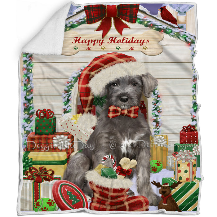 Happy Holidays Christmas Wolfhound Dog House with Presents Blanket BLNKT142127