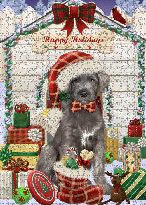 Christmas House with Presents Wolfhound Dog Portrait Jigsaw Puzzle for Adults Animal Interlocking Puzzle Game Unique Gift for Dog Lover's with Metal Tin Box PZL668