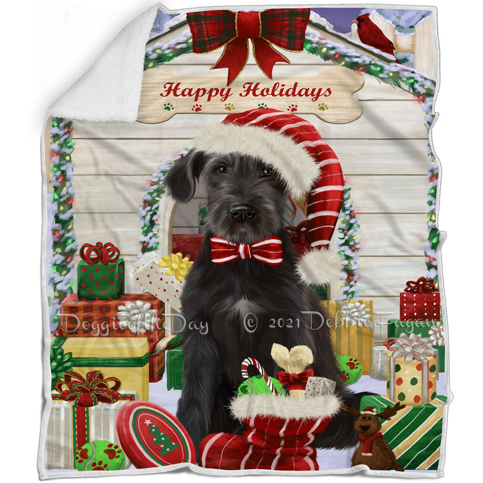 Happy Holidays Christmas Wolfhound Dog House with Presents Blanket BLNKT142128