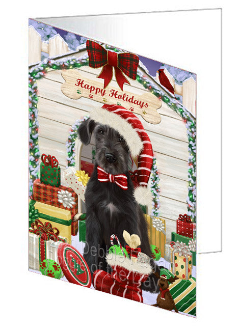 Christmas House with Presents Wolfhound Dog Handmade Artwork Assorted Pets Greeting Cards and Note Cards with Envelopes for All Occasions and Holiday Seasons
