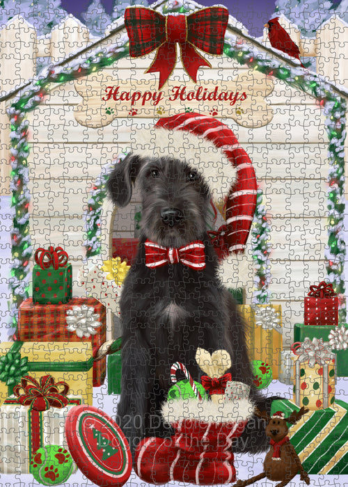 Christmas House with Presents Wolfhound Dog Portrait Jigsaw Puzzle for Adults Animal Interlocking Puzzle Game Unique Gift for Dog Lover's with Metal Tin Box PZL669