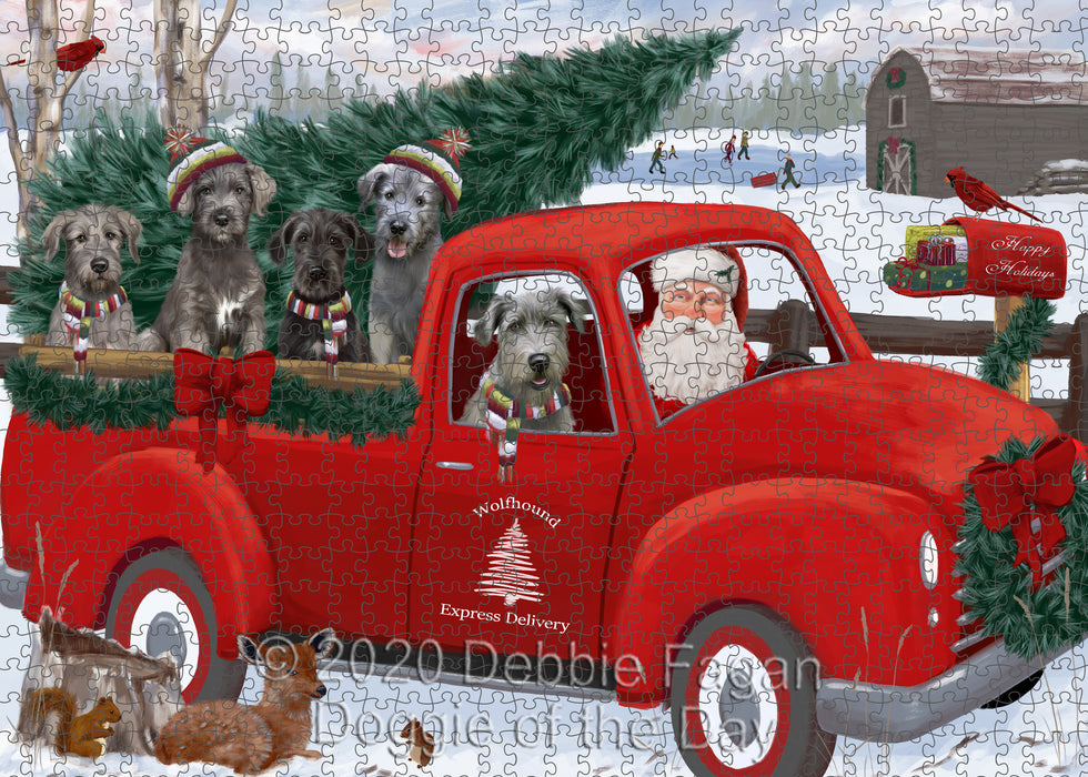 Christmas Santa Express Delivery Red Truck Wolfhound Dogs Portrait Jigsaw Puzzle for Adults Animal Interlocking Puzzle Game Unique Gift for Dog Lover's with Metal Tin Box