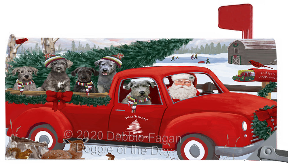 Christmas Santa Express Delivery Red Truck Wolfhound Dogs Magnetic Mailbox Cover Both Sides Pet Theme Printed Decorative Letter Box Wrap Case Postbox Thick Magnetic Vinyl Material