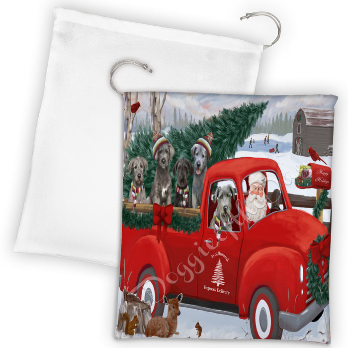 Christmas Santa Express Delivery Red Truck Wolfhound Dogs Drawstring Laundry or Gift Bag LGB48356