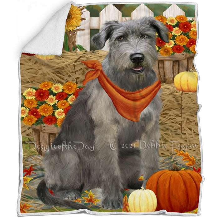 Fall Autumn Greeting Wolfhound Dog with Pumpkins Blanket BLNKT142455