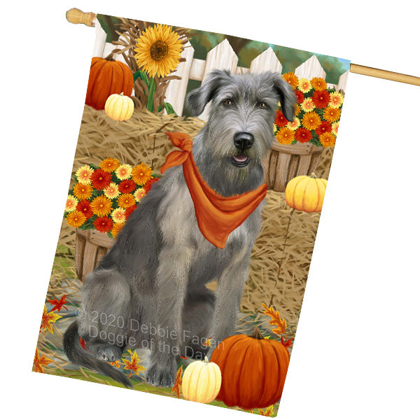 Fall Pumpkin Autumn Greeting Wolfhound Dog House Flag Outdoor Decorative Double Sided Pet Portrait Weather Resistant Premium Quality Animal Printed Home Decorative Flags 100% Polyester FLG69400