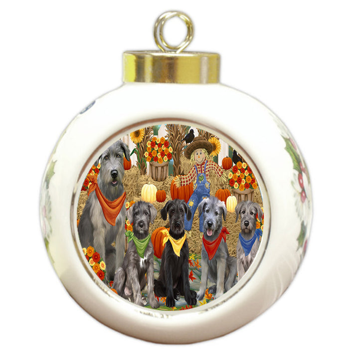 Fall Festive Gathering Wolfhound Dogs Round Ball Christmas Ornament Pet Decorative Hanging Ornaments for Christmas X-mas Tree Decorations - 3" Round Ceramic Ornament