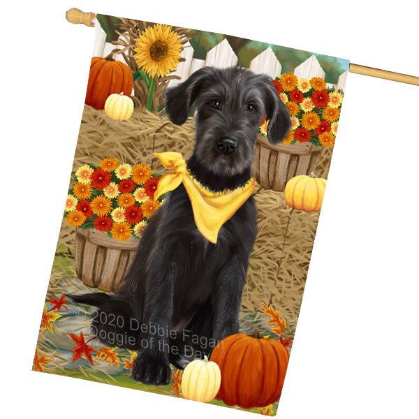 Fall Pumpkin Autumn Greeting Wolfhound Dog House Flag Outdoor Decorative Double Sided Pet Portrait Weather Resistant Premium Quality Animal Printed Home Decorative Flags 100% Polyester FLG69401