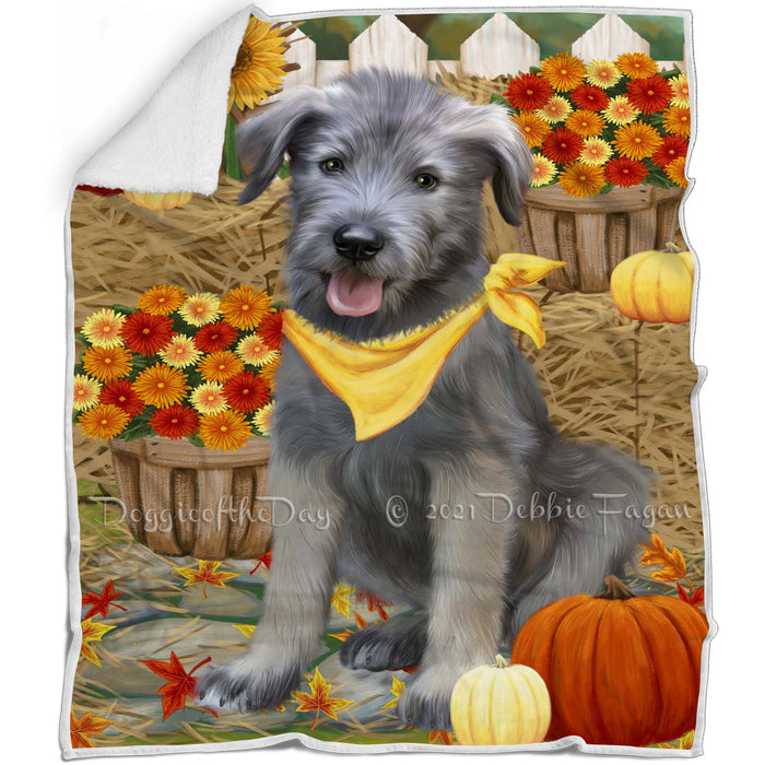 Fall Autumn Greeting Wolfhound Dog with Pumpkins Blanket BLNKT142457