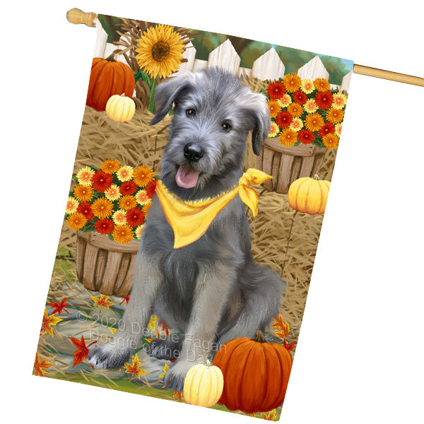 Fall Pumpkin Autumn Greeting Wolfhound Dog House Flag Outdoor Decorative Double Sided Pet Portrait Weather Resistant Premium Quality Animal Printed Home Decorative Flags 100% Polyester FLG69402