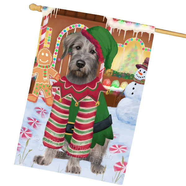 Christmas Gingerbread Elf Wolfhound Dog House Flag Outdoor Decorative Double Sided Pet Portrait Weather Resistant Premium Quality Animal Printed Home Decorative Flags 100% Polyester