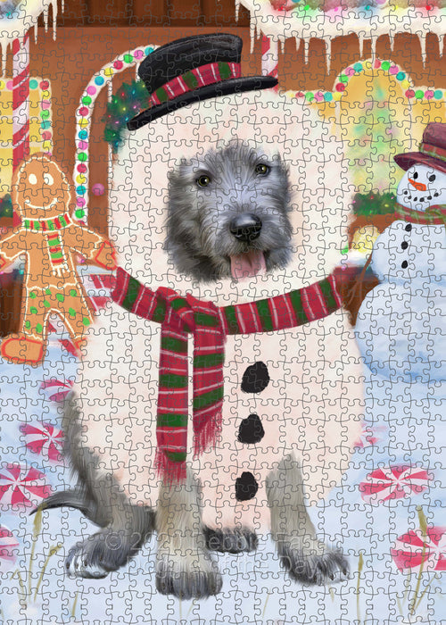 Christmas Gingerbread Snowman Wolfhound Dog Portrait Jigsaw Puzzle for Adults Animal Interlocking Puzzle Game Unique Gift for Dog Lover's with Metal Tin Box