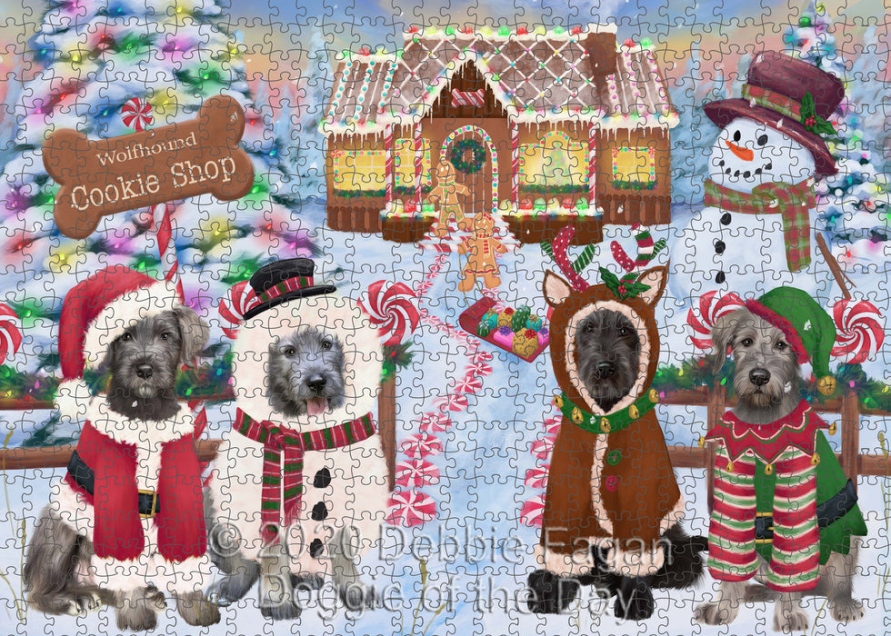 Christmas Gingerbread Cookie Shop Wolfhound Dogs Portrait Jigsaw Puzzle for Adults Animal Interlocking Puzzle Game Unique Gift for Dog Lover's with Metal Tin Box