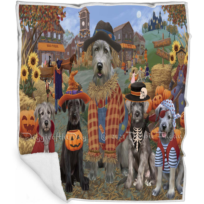 Halloween 'Round Town And Fall Pumpkin Scarecrow Both Wolfhound Dogs Blanket BLNKT143680
