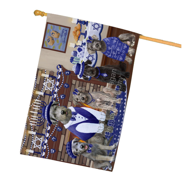Happy Hanukkah Family Wolfhound Dogs House Flag Outdoor Decorative Double Sided Pet Portrait Weather Resistant Premium Quality Animal Printed Home Decorative Flags 100% Polyester