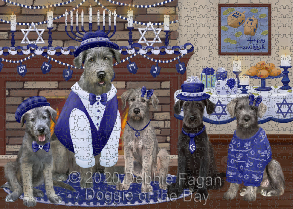 Happy Hanukkah Family Wolfhound Dogs Portrait Jigsaw Puzzle for Adults Animal Interlocking Puzzle Game Unique Gift for Dog Lover's with Metal Tin Box