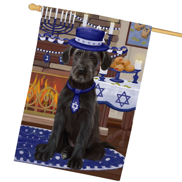Happy Hanukkah Wolfhound Dog House Flag Outdoor Decorative Double Sided Pet Portrait Weather Resistant Premium Quality Animal Printed Home Decorative Flags 100% Polyester