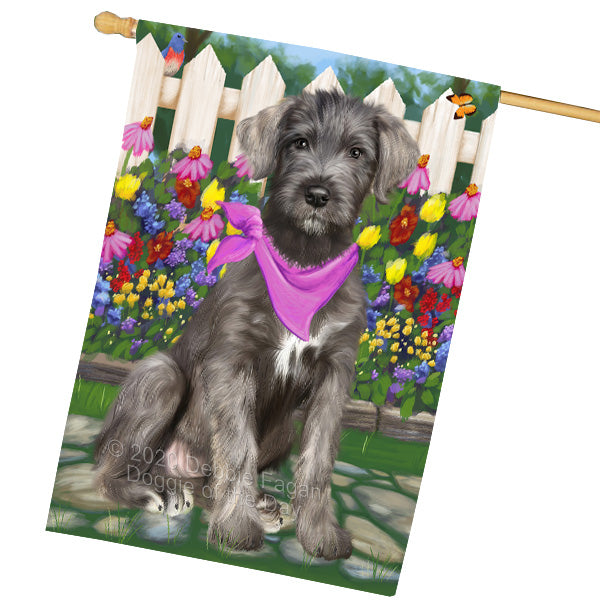 Spring Floral Wolfhound Dog House Flag Outdoor Decorative Double Sided Pet Portrait Weather Resistant Premium Quality Animal Printed Home Decorative Flags 100% Polyester FLG69436