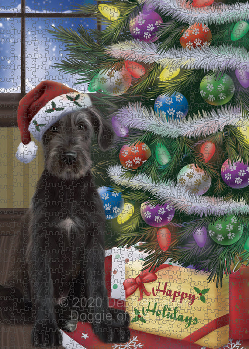 Christmas Tree and Presents Wolfhound Dog Portrait Jigsaw Puzzle for Adults Animal Interlocking Puzzle Game Unique Gift for Dog Lover's with Metal Tin Box PZL636