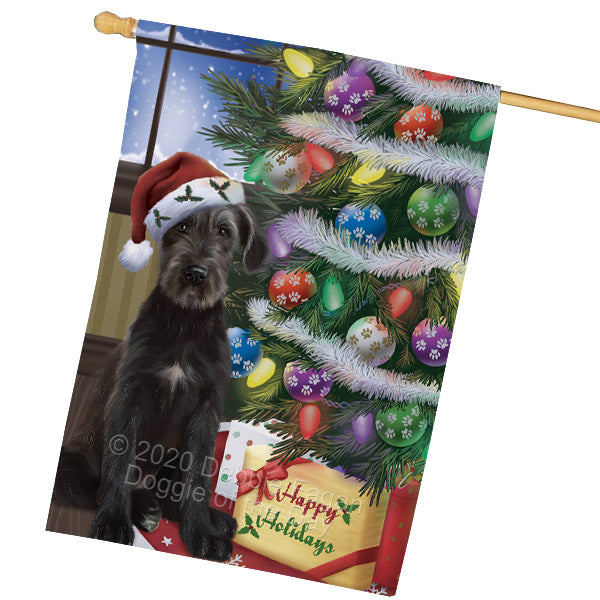 Christmas Tree and Presents Wolfhound Dog House Flag Outdoor Decorative Double Sided Pet Portrait Weather Resistant Premium Quality Animal Printed Home Decorative Flags 100% Polyester FLG69169