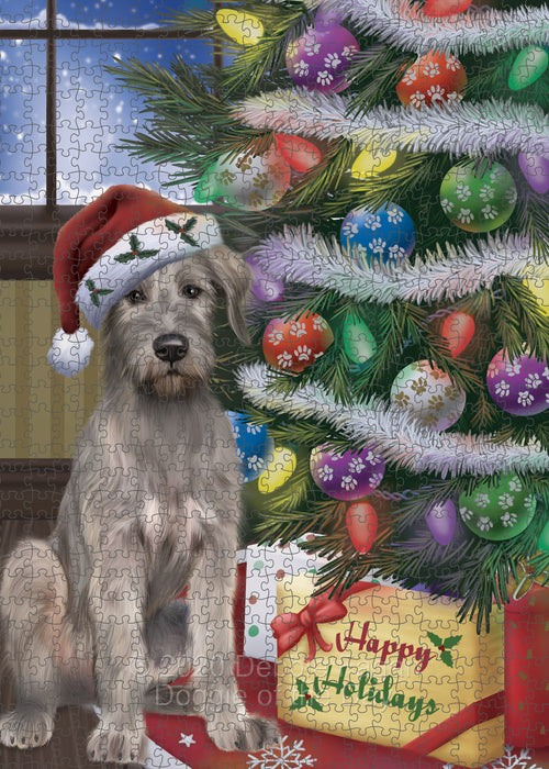 Christmas Tree and Presents Wolfhound Dog Portrait Jigsaw Puzzle for Adults Animal Interlocking Puzzle Game Unique Gift for Dog Lover's with Metal Tin Box PZL637