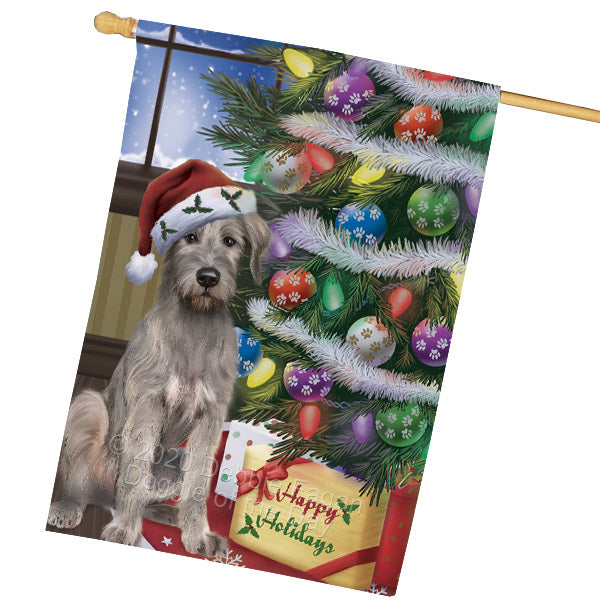 Christmas Tree and Presents Wolfhound Dog House Flag Outdoor Decorative Double Sided Pet Portrait Weather Resistant Premium Quality Animal Printed Home Decorative Flags 100% Polyester FLG69170