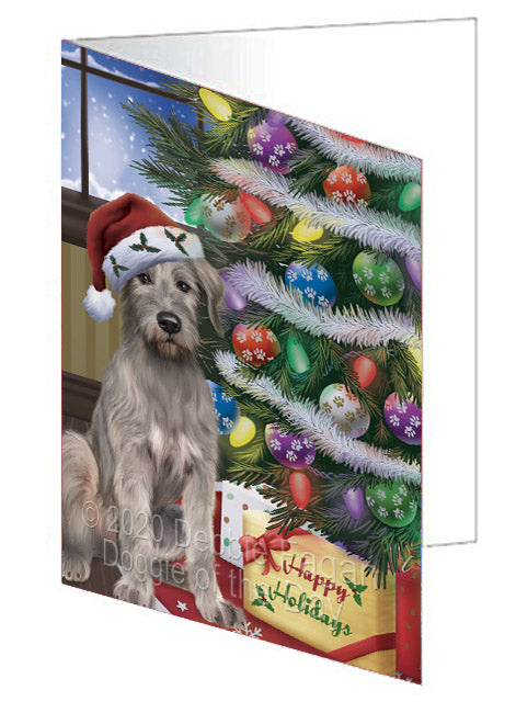 Christmas Tree and Presents Wolfhound Dog Handmade Artwork Assorted Pets Greeting Cards and Note Cards with Envelopes for All Occasions and Holiday Seasons