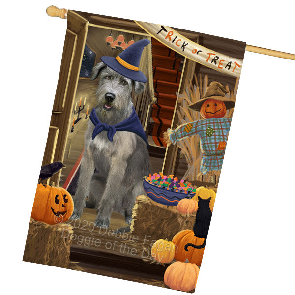 Enter at Your Own Risk Halloween Trick or Treat Wolfhound Dogs House Flag Outdoor Decorative Double Sided Pet Portrait Weather Resistant Premium Quality Animal Printed Home Decorative Flags 100% Polyester FLG69070