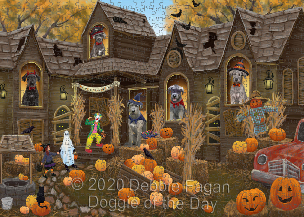 Haunted House Halloween Trick or Treat Wolfhound Dogs Portrait Jigsaw Puzzle for Adults Animal Interlocking Puzzle Game Unique Gift for Dog Lover's with Metal Tin Box