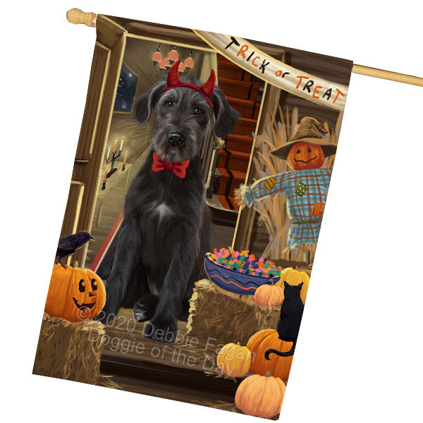 Enter at Your Own Risk Halloween Trick or Treat Wolfhound Dogs House Flag Outdoor Decorative Double Sided Pet Portrait Weather Resistant Premium Quality Animal Printed Home Decorative Flags 100% Polyester FLG69071