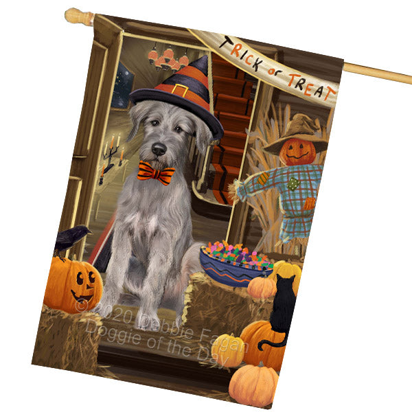 Enter at Your Own Risk Halloween Trick or Treat Wolfhound Dogs House Flag Outdoor Decorative Double Sided Pet Portrait Weather Resistant Premium Quality Animal Printed Home Decorative Flags 100% Polyester FLG69072