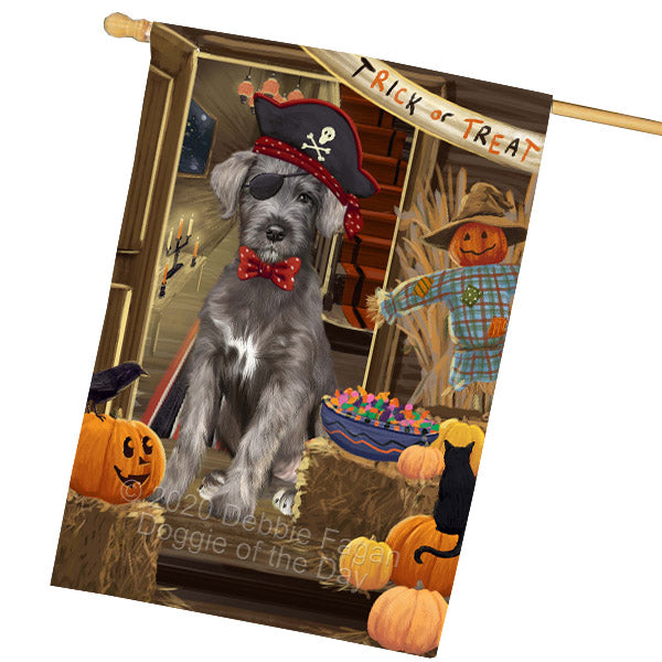 Enter at Your Own Risk Halloween Trick or Treat Wolfhound Dogs House Flag Outdoor Decorative Double Sided Pet Portrait Weather Resistant Premium Quality Animal Printed Home Decorative Flags 100% Polyester FLG69073