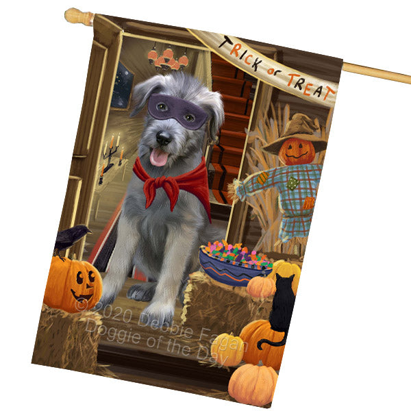 Enter at Your Own Risk Halloween Trick or Treat Wolfhound Dogs House Flag Outdoor Decorative Double Sided Pet Portrait Weather Resistant Premium Quality Animal Printed Home Decorative Flags 100% Polyester FLG69074