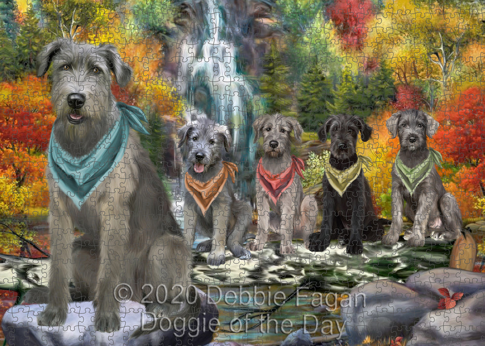 Scenic Waterfall Wolfhound Dogs Portrait Jigsaw Puzzle for Adults Animal Interlocking Puzzle Game Unique Gift for Dog Lover's with Metal Tin Box