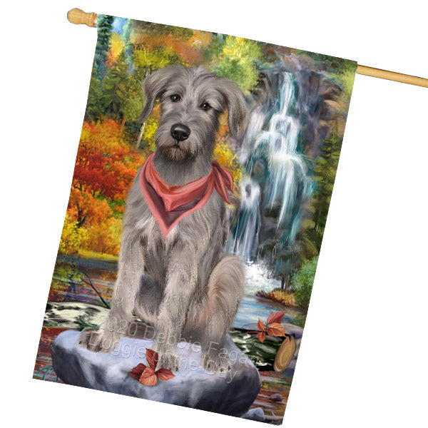 Scenic Waterfall Wolfhound Dog House Flag Outdoor Decorative Double Sided Pet Portrait Weather Resistant Premium Quality Animal Printed Home Decorative Flags 100% Polyester FLG69274