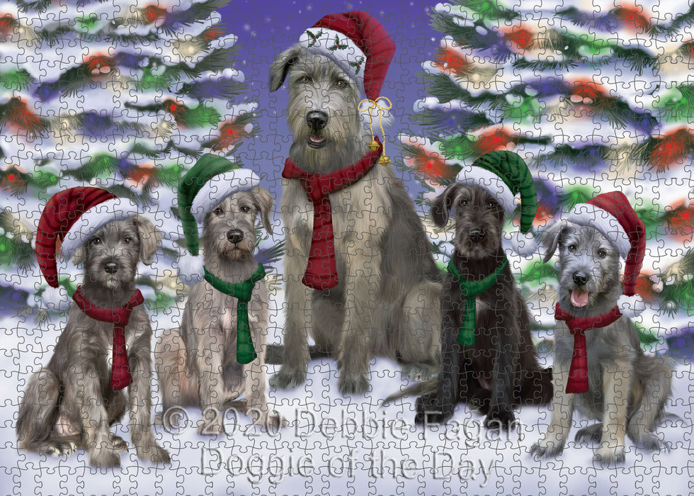 Christmas Happy Holidays Wolfhound Dogs Family Portrait Portrait Jigsaw Puzzle for Adults Animal Interlocking Puzzle Game Unique Gift for Dog Lover's with Metal Tin Box