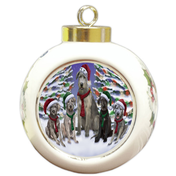 Christmas Happy Holidays Wolfhound Dogs Family Portrait Round Ball Christmas Ornament Pet Decorative Hanging Ornaments for Christmas X-mas Tree Decorations - 3" Round Ceramic Ornament