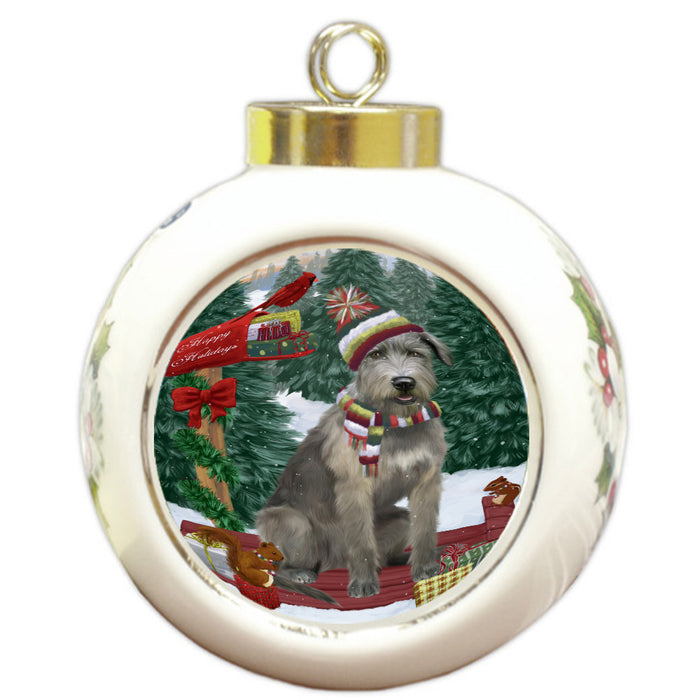 Christmas Woodland Sled Wolfhound Dog Round Ball Christmas Ornament Pet Decorative Hanging Ornaments for Christmas X-mas Tree Decorations - 3" Round Ceramic Ornament, RBPOR59655