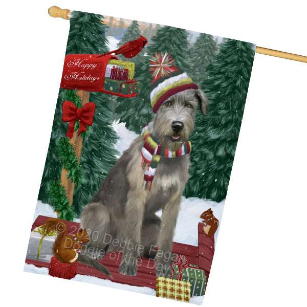 Christmas Woodland Sled Wolfhound Dog House Flag Outdoor Decorative Double Sided Pet Portrait Weather Resistant Premium Quality Animal Printed Home Decorative Flags 100% Polyester FLG69581