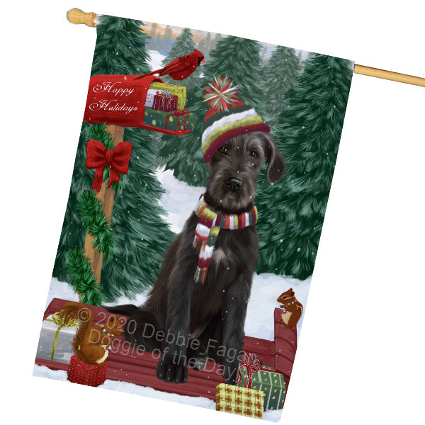 Christmas Woodland Sled Wolfhound Dog House Flag Outdoor Decorative Double Sided Pet Portrait Weather Resistant Premium Quality Animal Printed Home Decorative Flags 100% Polyester FLG69582