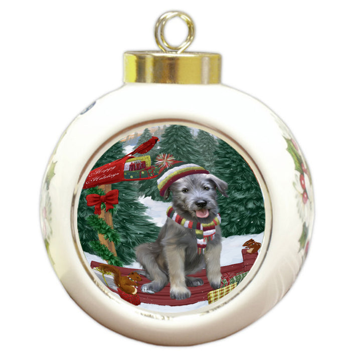 Christmas Woodland Sled Wolfhound Dog Round Ball Christmas Ornament Pet Decorative Hanging Ornaments for Christmas X-mas Tree Decorations - 3" Round Ceramic Ornament, RBPOR59657