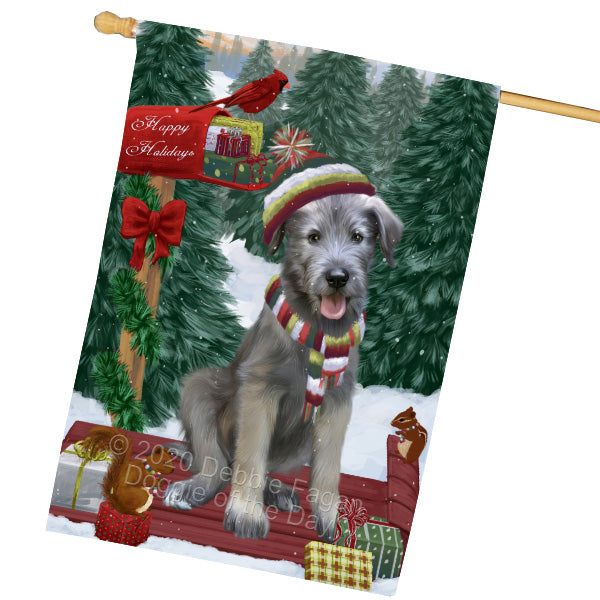 Christmas Woodland Sled Wolfhound Dog House Flag Outdoor Decorative Double Sided Pet Portrait Weather Resistant Premium Quality Animal Printed Home Decorative Flags 100% Polyester FLG69583