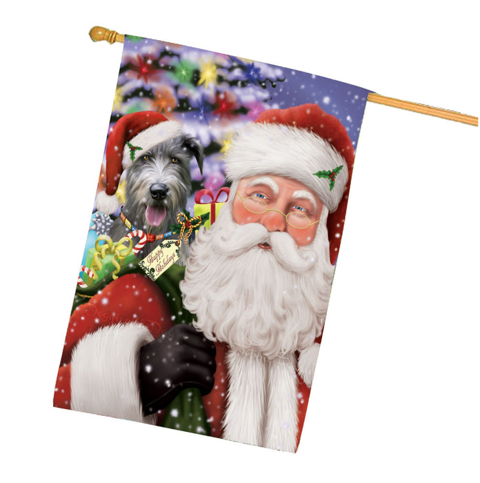 Christmas Santa with Presents and Wolfhound Dog House Flag Outdoor Decorative Double Sided Pet Portrait Weather Resistant Premium Quality Animal Printed Home Decorative Flags 100% Polyester FLG68063