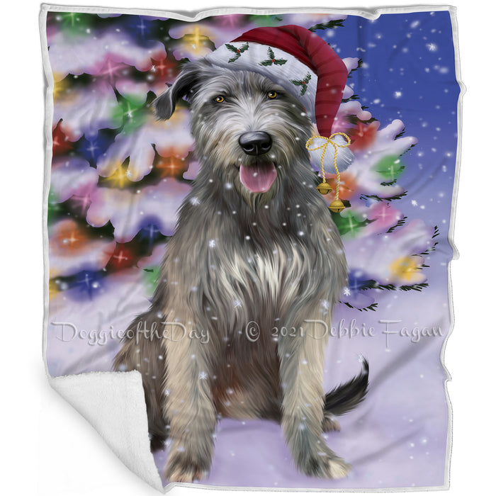Winterland Wonderland Wolfhound Dog In Christmas Holiday Scenic Background Blanket BLNKT121143