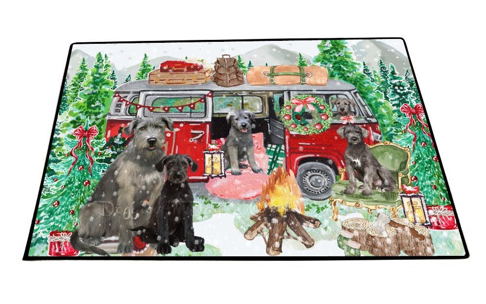 Christmas Time Camping with Wolfhound Dogs Floor Mat- Anti-Slip Pet Door Mat Indoor Outdoor Front Rug Mats for Home Outside Entrance Pets Portrait Unique Rug Washable Premium Quality Mat