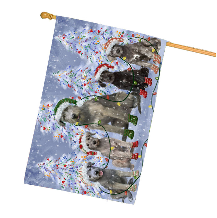 Christmas Lights and Wolfhound Dogs House Flag Outdoor Decorative Double Sided Pet Portrait Weather Resistant Premium Quality Animal Printed Home Decorative Flags 100% Polyester